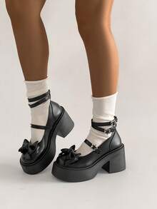 1 par de zapatos con plataforma, decoración de lazo y hebilla de cuero sintético, estilo JK, adecuados para todas las estaciones - Negro - Ver 5