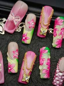 Gorgeous Cute Baroque Valentine's Day Y2K Shiny Nail Art Set, Includes 10pcs Red, White, Pink, Black, Red, Shiny Floral Pattern Handmade Acrylic Press-On Nail Strips Nails - Hồng - Xem 3