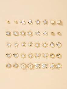 20 Pairs/Set Cute Star, Moon, Rhinestone, Bow, Flower, Heart Stud Earrings For Women, Daily Wear Gift - Yellow Gold - View 6