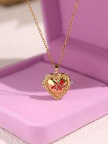 复古浪漫优雅油滴心形蜜蜂珍珠花朵吊坠项链，金色可打开照片吊坠项链，周年纪念生日礼物 - 彩色 - 查看 18