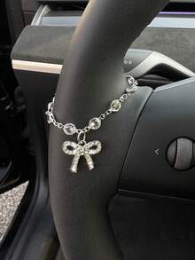 1pc Sparkling Diamond Bow Love Silver Chain Car Steering Wheel Decoration Women's Interior Decoration - A - View 2