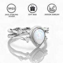 1pc S925 Silver Teardrop Shaped Synthetic Opal Women's Ring - Silver - View 5
