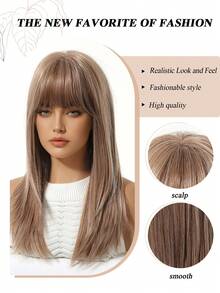 18英寸金色假发，女士自然逼真合成假发，带刘海，中长直发，适合日常佩戴和派对场合 - 彩色 - 查看 8