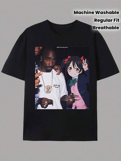 Men' S Black Casual Short Sleeve T- Shirt With Rapper & Anime Graphic Print - 100 Cotton Regular Fit Machine Washable Streetwear Tee, Durable All- Season Round Neck Top For Parties & Casual Attire, Party Fashion, Breathable Fabric
