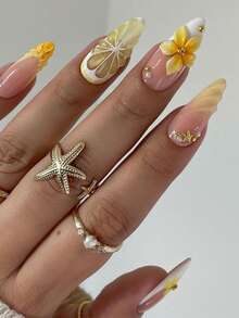 24片/套 法式杏仁形海洋风优雅3D清新柠檬花波点甜美全覆盖假指甲，增添浪漫氛围，让您看起来甜美迷人，适合日常约会美甲用品 - 彩色 - 查看 1