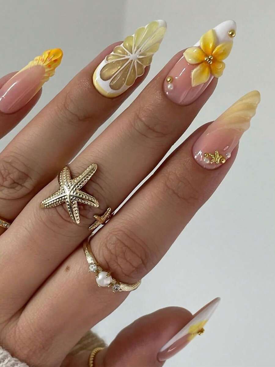 24片/套 法式杏仁形海洋风优雅3D清新柠檬花波点甜美全覆盖假指甲，增添浪漫氛围，让您看起来甜美迷人，适合日常约会美甲用品 - 彩色 - 查看 1