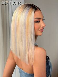 OQ 180% 密度银色直发假发，10-14 英寸波波头，预先修剪和拔毛，6x4 透明蕾丝封顶，自然发际线，适合日常佩戴，新手友好，吸血鬼//万圣节/女性/度假/旅行 - SSilver - 查看 2