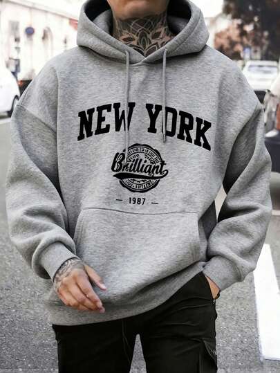 Áo hoodie nam phong cách đường phố thường ngày, in hình New York, có túi kangaroo và dây rút, lót giữ nhiệt, thích hợp cho mùa thu/đông.