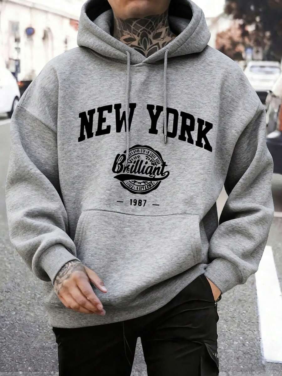 Áo hoodie nam phong cách đường phố thường ngày, in hình New York, có túi kangaroo và dây rút, lót giữ nhiệt, thích hợp cho mùa thu/đông. - Màu Xám nhạt - Xem 1
