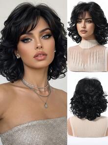 12英寸优雅黑色卷发假发，带侧刘海，女士适用 - 耐热合成纤维，假发配件，女士假发，新手必备，用途广泛，适合日常、派对、角色扮演、节日、音乐节等场合，佩戴舒适，送给女朋友的礼物，美容假日必备，完美适用于日常假日旅行，高品质 - 黑色 - 查看 1