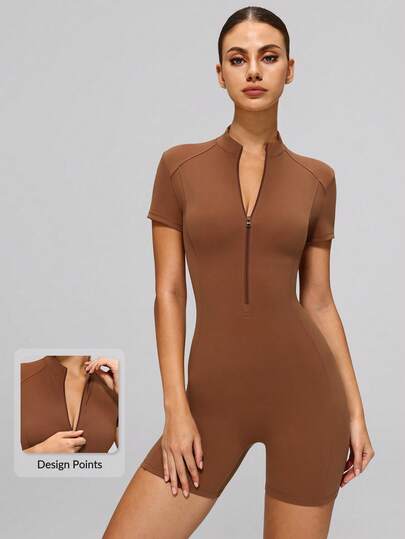 MASKERT Women's Mock Neck Half Zip Short Sleeve Jumpsuit, Slim Fit Shaping, Skin-Friendly Comfortable, Yoga Fitness Jumpsuit