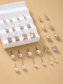 15 Pairs Elegant Rhinestone & Faux Pearl Earrings Set, Versatile Daily Wear Earring Studs For Women - White - View 2