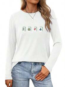 Mahjong Characters Dancing In 'Charleston' Womens Long-Sleeve Crewneck-ShirtFashionable Women's Clothing - trắng - Xem 4