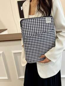 11"/13" Minimalist Plaid Zipper Laptop/Tablet Sleeve, Women's Work & Study Dual-Use. Fuzzy Plaid Bag, Checkered Pattern, Laptop Bag, Laptop Case, Laptop Sleeve, Computer Bag, Minimalist Plaid Classroom Laptop Bag, Classroom Bag, Teacher's Organizer Bag, Classroom Organizer Bag. - Black - View 12