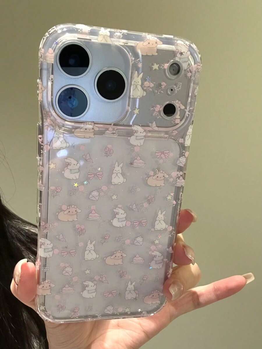 Funda de teléfono de conejo rosa, compatible con iPhone 17 Pro Max, 17 Pro, 17 Air, 17, 15, 16 Pro Max, 14 Pro, 13, 12, 11, cubierta trasera suave, regalo para niñas - Conejo rosa - Ver 1