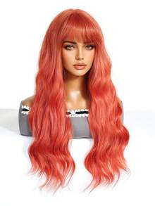 Tóc giả dài 26 inch màu cam cháy, xoăn nhẹ, có mái, được làm từ chất liệu sợi mờ chịu nhiệt cao, kèm mũ lưới hoa hồng, vẻ ngoài tự nhiên, thoải mái và thoáng khí khi đội, nhẹ, phù hợp cho các lễ hội âm nhạc và sử dụng hàng ngày. - Màu Cam cháy - Xem 5