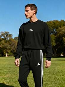 Adidas 男士圆领长袖印花简约运动卫衣，休闲装 - 黑色 - 查看 4