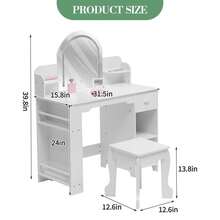 Tocador de Princesa Iluminado con Espejo para Niñas – Mesa de Maquillaje de Madera con Estantería, Cajón, Estantes y Banco – Mueble de Almacenamiento Elegante para Dormitorio o Cuarto de Juegos - Color: Blanco con accesorios. - Ver 10