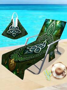 一套沙滩绿凯尔特图案印花躺椅套，速干超细纤维泳池躺椅套，四季通用沙滩巾椅套，带口袋，假日必备，旅行好物