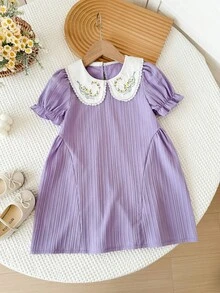Girls' Purple Jacquard Textured Summer Dress, Cute Floral Embroidery Peter Pan Collar Design, Loose Puff Sleeve, Sweet Vacation Style Princess Dress - Purple - View 4