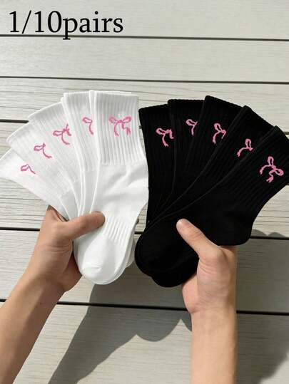 10 pares/set Calcetines de media caña con lazo, calcetines de moda para damas de estilo simple en blanco y negro, calcetines deportivos de estilo Ins