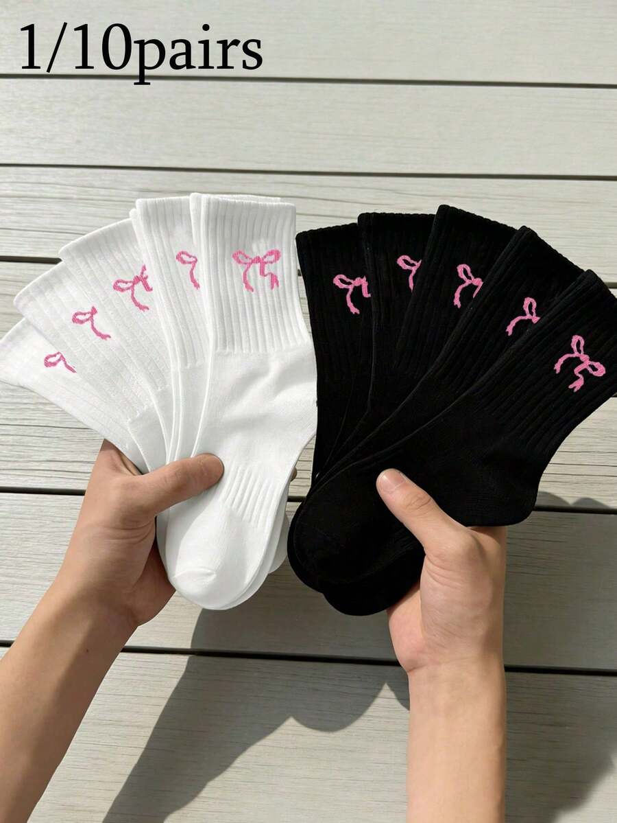 10双/套蝴蝶结中筒袜，黑白简约百搭女士时尚袜，ins风运动袜 - 黑與白 - 查看 1