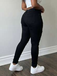 Women's High Waisted Multi-Ripped Skinny Jeans - Heavily Distressed Solid Black Bodycon Denim Pants Aesthetic Streetwear - 黑色 - 查看 2