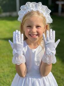 1 Paar Mädchen Weiße Satin Spitze Schleife Handschuhe, hochwertige Handschuhe für Brautkleid, Fotoshooting, Bühnenaufführung, Prinzessin, Blumenmädchen, Geburtstag, hochelastische Fünf-Finger-Handschuhe - Weiss - Übersicht 6