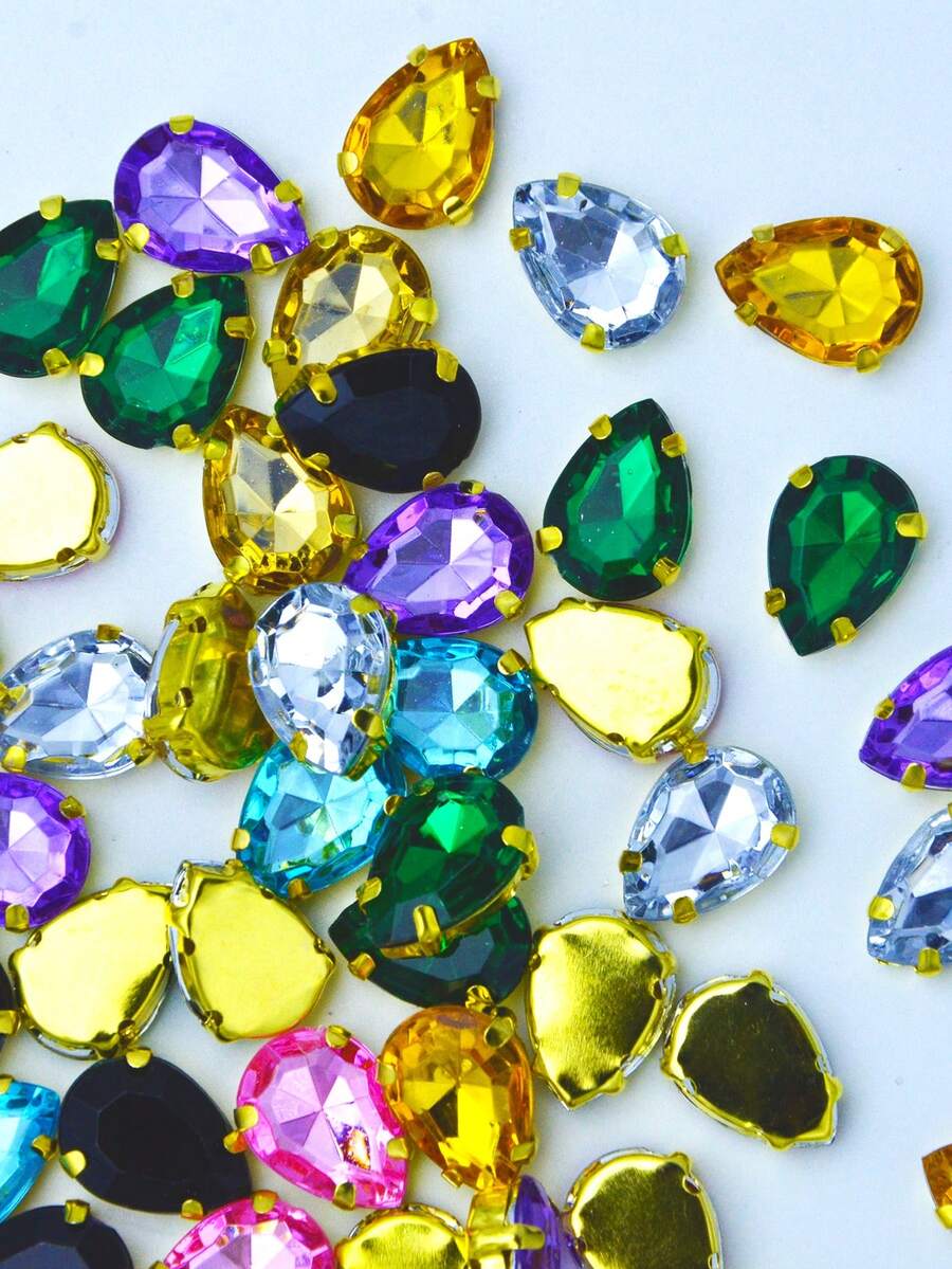 50pcs Mixed Color Water Drop 4-Hole Claw Handmade Rhinestone Claw, Suitable For DIY Decoration On Clothing, Shoes, Hats, Bags And Other Accessories - Color Mixing - View 1