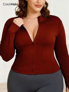 Plus Size Women Full Zip Sports Jacket, Solid Color Slim Fit High Elasticity With Thumb Hole, Suitable For Commuting, Yoga, All-Day Wear - Red - View 4