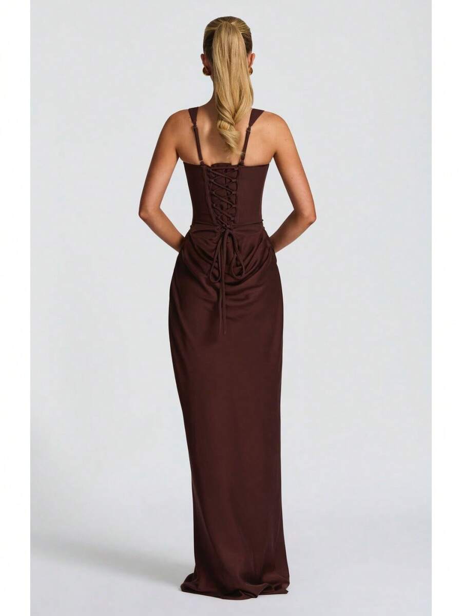 Women's New 2026 Spring Slim Fishbone Strap Dress Long Dress Solid Color Bodycon Dress - Brown - View 1