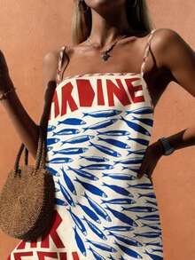 Sea Starshine Bohemian Style Beach Casual Versatile Strap Letter & Sardine Print Vacation A-Line Dress For Women, Spring/Summer - Multicolor - View 5