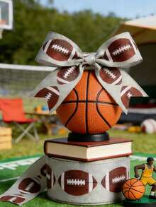 1卷足球主题礼品包装丝带，带铁丝边，适用于DIY工艺品、花环和礼品包装，棕色和秋叶图案，运动球铁丝边返校节丝带，天然包装装饰，用于礼品包装。