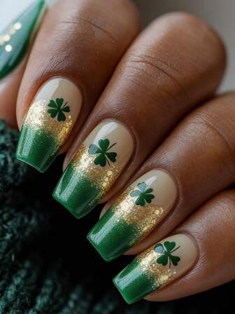 Uñas de ataúd de tamaño mediano de 24 piezas para el Día de San Patricio con diseño francés de borde verde, parches de arte de uñas con brillo de trébol, incluye 1 pieza de pegamento de gelatina y 1 lima de uñas, adecuado para festivales, fiestas y uso casual diario de mujeres, removible y reutilizable