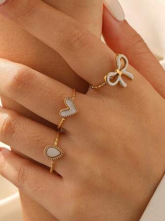 3 st/set Fashionabla Minimalistiska Eleganta Mångsidiga Förgyllda Rostfria Stål Geometriska Fluga & Hjärtformade Justerbara Ringar, Lämpliga För Damer Vardags-, Fest- och Dejtkläder