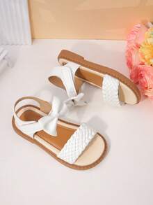 1 Pair Of Girls' Woven Bow Breathable PU Ankle Strap With Exposed Toes, Flat Bottom, Fresh And Cute Daily School Shoes - White - View 3