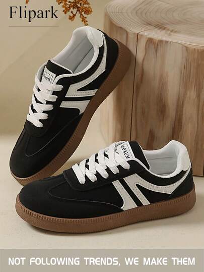Flipark 1 Pair Casual 3cm Height Increase Comfortable Sneakers, V-Shaped Decor Black & White Contrast Suede Patchwork Low-Top Everyday Casual Shoes