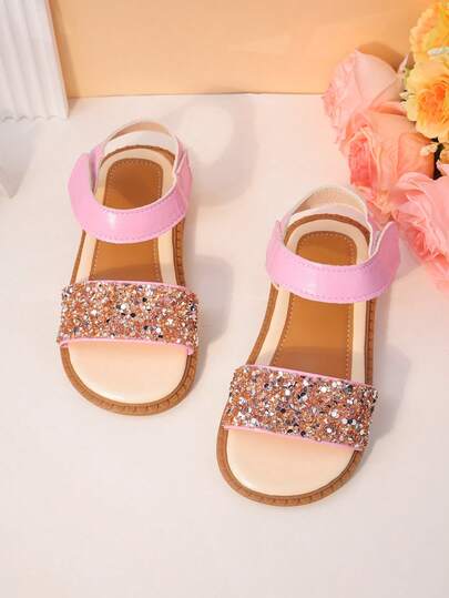 1 Pair Kids Pink Sequin-Detail Sandals - Adjustable Ankle Strap, Soft Flat Sole, Sweet Daily/Outdoor Play Shoes For Little Girls