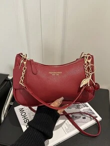 1pc Solid Color PU Leather Fashionable Underarm Bag. It Is A Simple And Stylish Large Capacity Shoulder Bag, Business Commuter Messenger Bag, And Small Handbag For Daily Office Use. Suitable For Girls, Female College Students, Beginners, And White-Collar Workers. Very Suitable For Office, University, Work, Business, Commuting, Outdoor Activities, Travel, And Going Out. (Cherry Pendant Included) - Red - View 11