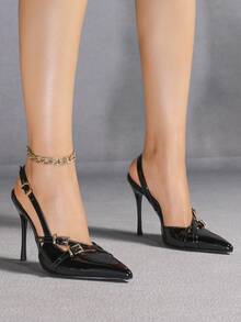 女士黑色时尚派对简约舒适尖头细高跟鞋，日常休闲百搭细跟鞋 - 黑色 - 查看 2