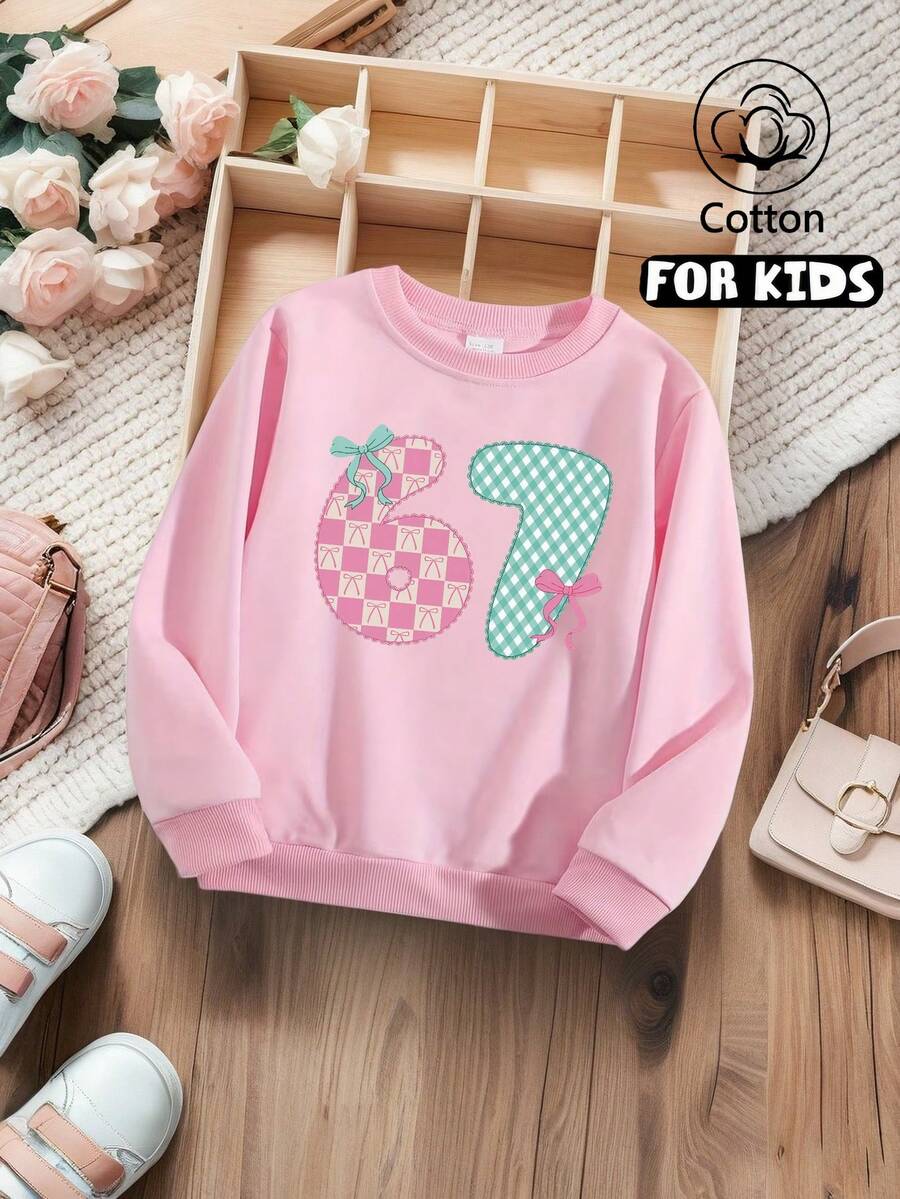 Teens' Round Neck Numeric Print Long Sleeve Casual Loose Sweatshirt, Autumn/Winter - Pink - View 1