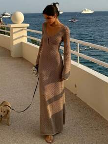 Casual Elegant Knit Dress, Suitable For Casual Dates, Holidays, Beach Outings - Brown - View 3