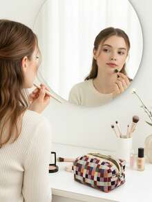 Large Makeup Bag For Women - Retro Colorful Striped Pattern Square Travel Toiletry Bag, Can Store Makeup Brushes, Skincare Products And Gel Nail Polish - Perfect Gift For Girls, Friends, Birthday, Wedding, Party And Mother's Day, With Zipper Portable Cosmetic Organizer, Travel Toiletry Bag And Makeup Tools - Multicolor - View 2