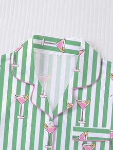HOREA 2pcs Women's Sleepwear Set, Green Striped Wine Glass Print, Comfortable Shirt Collar Short Sleeve Top And Elastic Waist Shorts, Suitable For Parties, Casual Outdoor And Home Wear - 綠色 - 查看 4