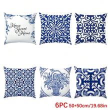 Bộ 6 vỏ gối trang trí đơn giản màu xanh trắng bằng sứ, họa tiết hình học hoa văn cổ điển châu Âu "Ngôi nhà thân yêu", in một mặt, chất liệu nhung màu đào, kích thước 45*45/50*50/40*40CM, thích hợp cho ghế sofa vải hiện đại, trang trí nội thất, trang trí tiệc, làm quà tặng. - 6pc-Xanh dương - Xem 11