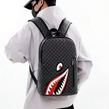 Men's Simple Personality Fashion Shark Mouth Backpack Plaid High School Student College Bag 15 Inch Computer Backpack - 5118款二 - 查看 2