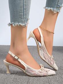 Nuovi tacchi alti a spillo da donna, sandali estivi traspiranti in pizzo e rete con punta chiusa, stile francese versatile - Beige - Visualizzare 3