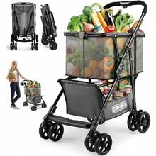 Folding Shopping Cart With Wheels 80lbs Multi Use Grocery Carts With 360° Wheels And Removable Tote Bag 2-Tier Portable Personal Shopping Carts For Groceries Laundry Black - Đen - Xem 2