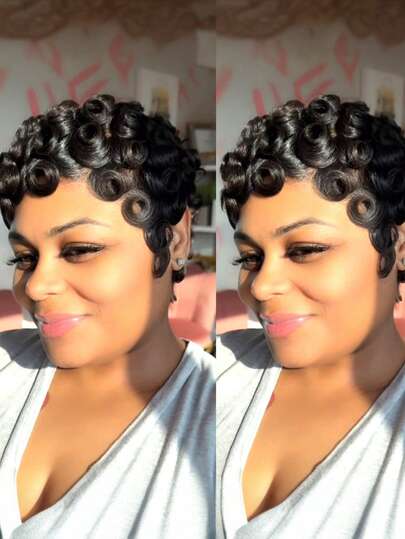 Women's Pixie Short Wig, Human Hair Curly, Black Short Wig, 99J Wine Red, 4# Brown, 27# Blonde Layered Pixie Short Wig With Bangs, Human Hair, No Glue Wig, No Lace Front, Full Machine Weft Layered Wig, Ideal Gift For Wear Anytime, Valentine's Day, Daily Wear