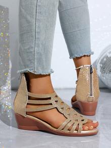 Sandale noi cu talpă groasă, stil Sweet & Spicy Girl, pantofi cu toc mediu, țesături goale, complet cu strasuri lucioase. Design cu fermoar la spate, la modă pentru petreceri, Ziua Îndrăgostiților, cumpărături, picioare alungite, confortabile și versatile. - Aur - Vizualizare 6